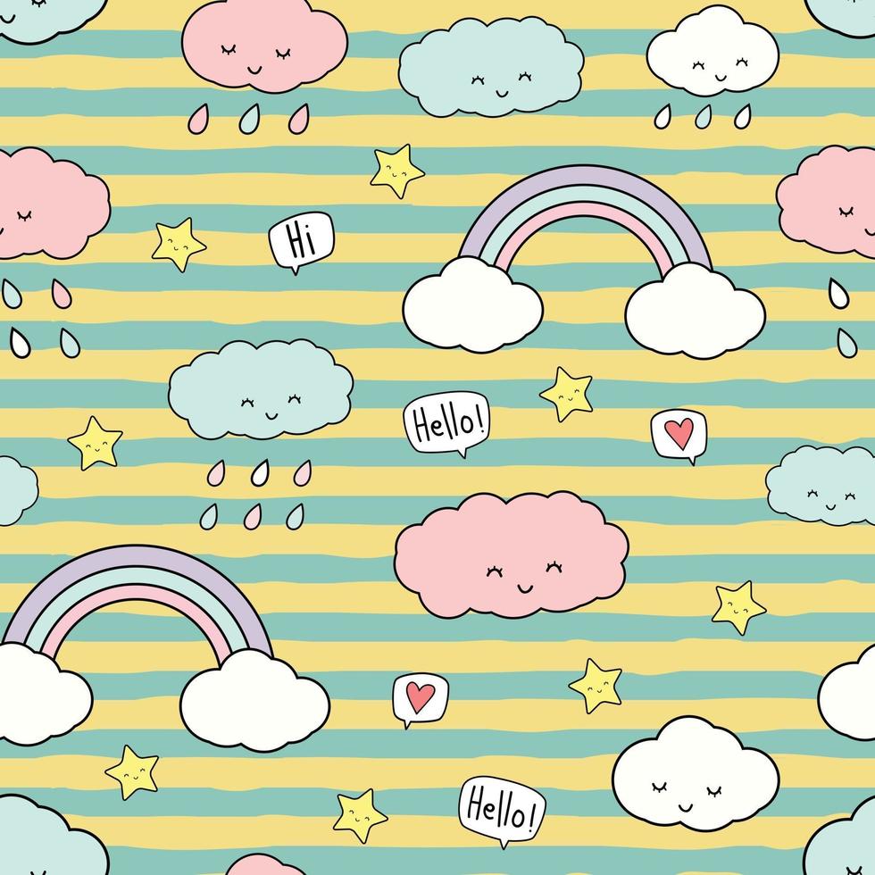 arcobaleno carino cielo e nuvola fumetto colorato doodle seamless pattern vettore