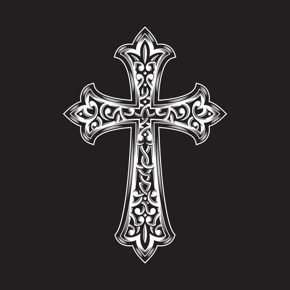 croce cristiana ornata in bianco e nero vettore