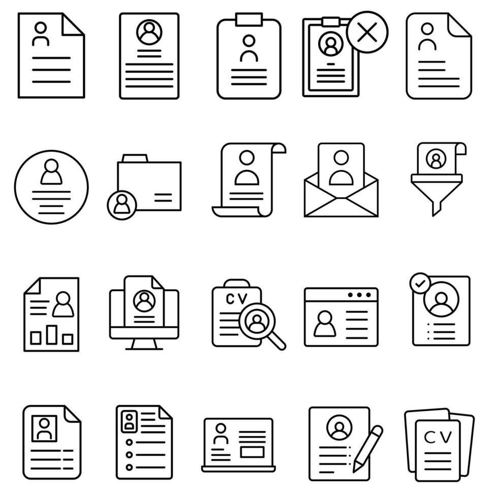 CV icona vettore impostare. curriculum vitae illustrazione cartello collezione. utente dati simbolo o logo.