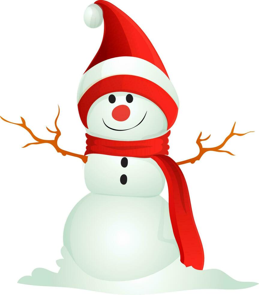cartone animato pupazzo di neve indossare Santa cappello con sciarpa. vettore