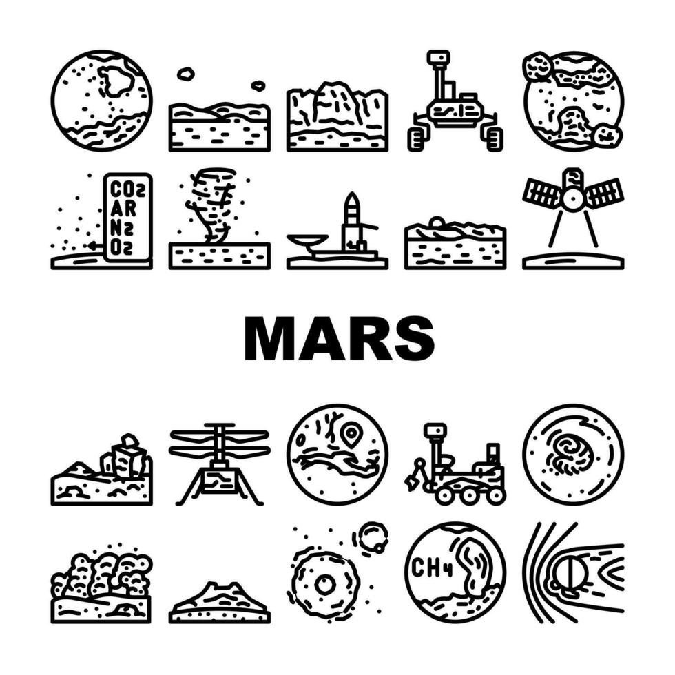 Marte pianeta scienza spazio cosmo icone impostato vettore