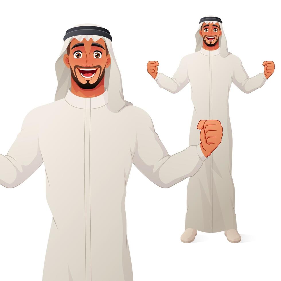uomo arabo eccitato che celebra il successo con il carattere vettoriale dei cartoni animati di mani alzate