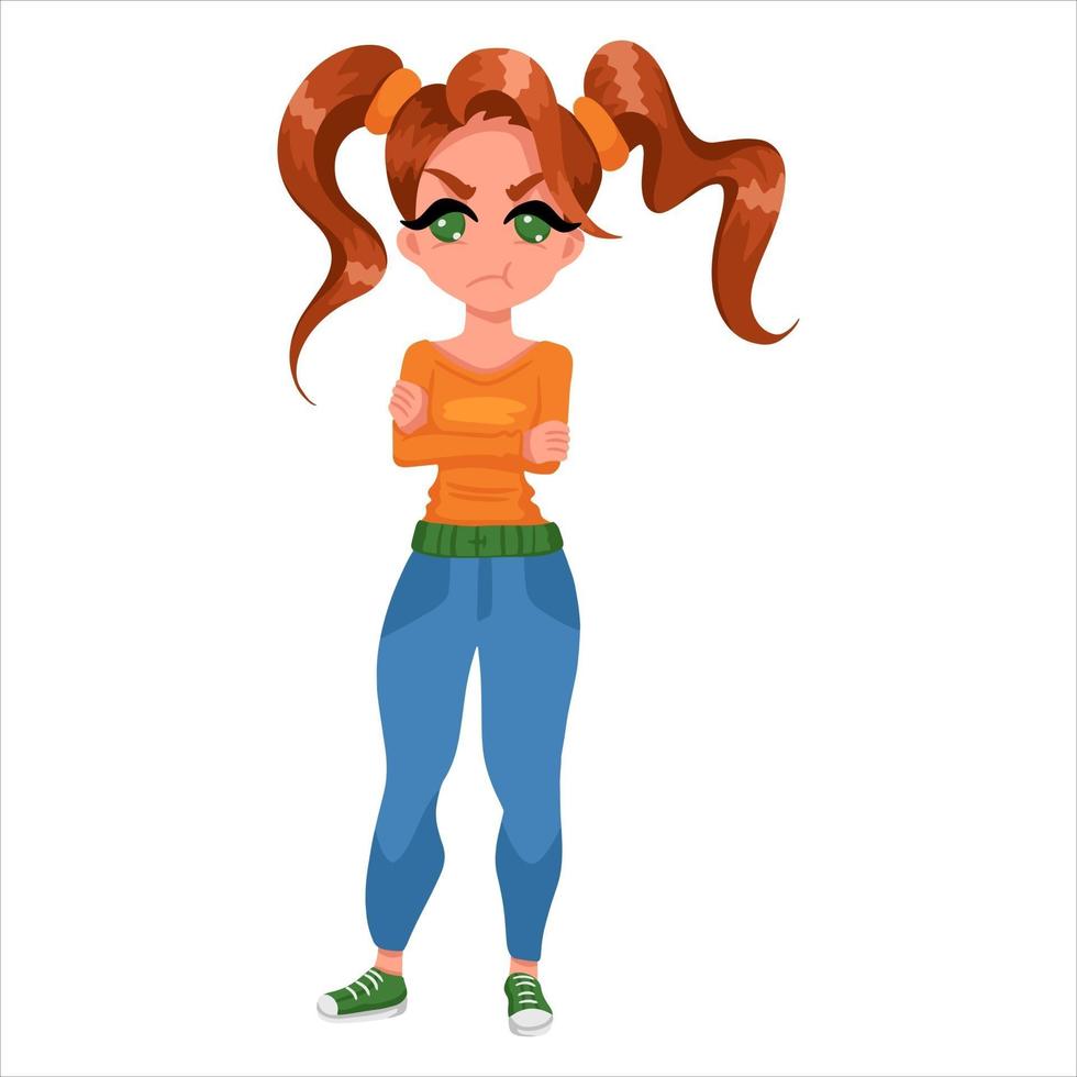 ragazza scontenta ragazza arrabbiata in jeans e una maglietta arancione in stile cartone animato vettore