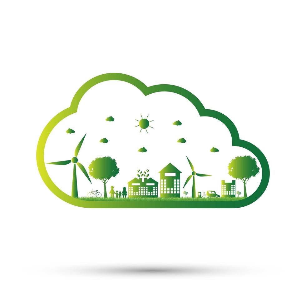 il mondo nelle tue mani concetto di ecologia città verdi aiutano il mondo con un'idea di concetto eco-friendly con globo e sfondo albero vettore