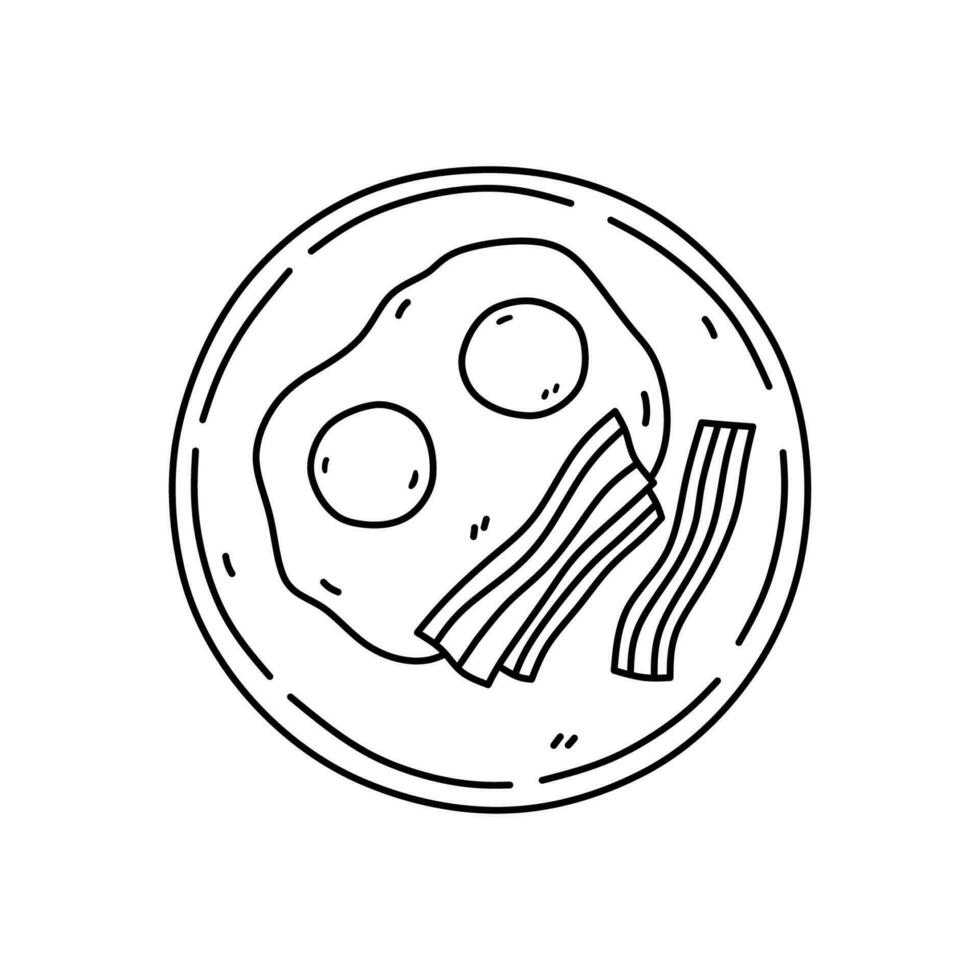 fritte uova con Bacon su un' piatto isolato su bianca sfondo. vettore disegnato a mano illustrazione nel scarabocchio stile. Perfetto per vario disegni, carte, decorazioni, logo, menù, ricette.