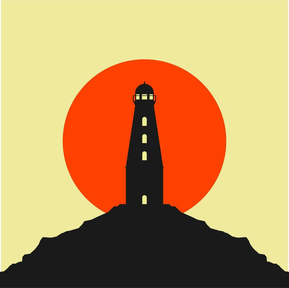 faro su il bordo di un' scogliera con Alba o tramonto piatto design vettore illustrazione