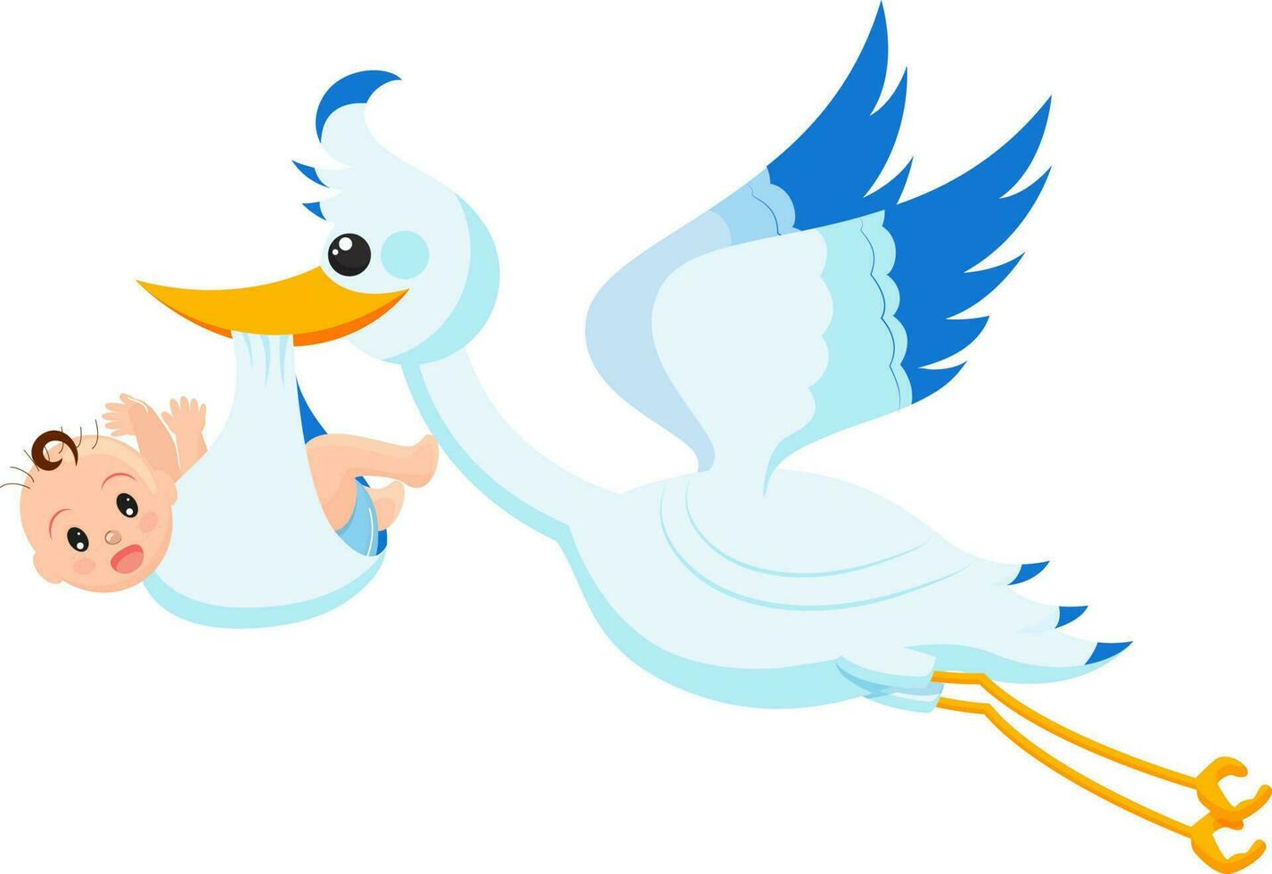carino cartone animato cicogna e bambino. illustrazione di un' volante uccello trasporto neonato ragazzo. vettore