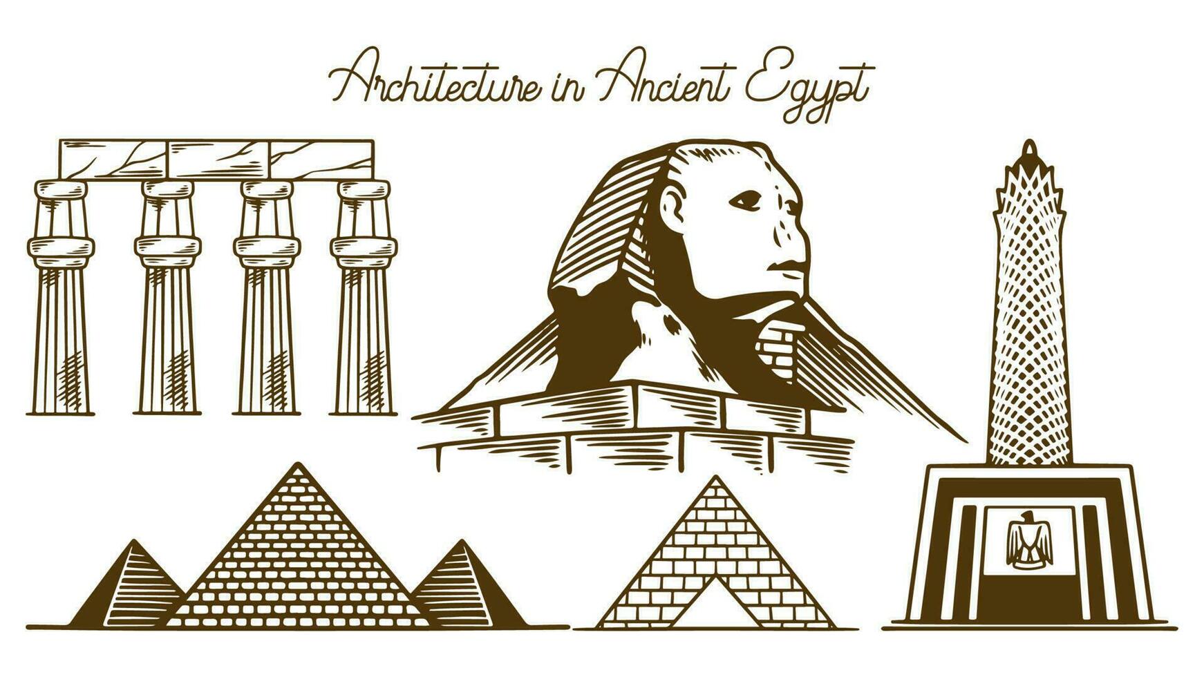 Egitto edifici impostato mano disegnato antico architettonico tempio e statua vettore
