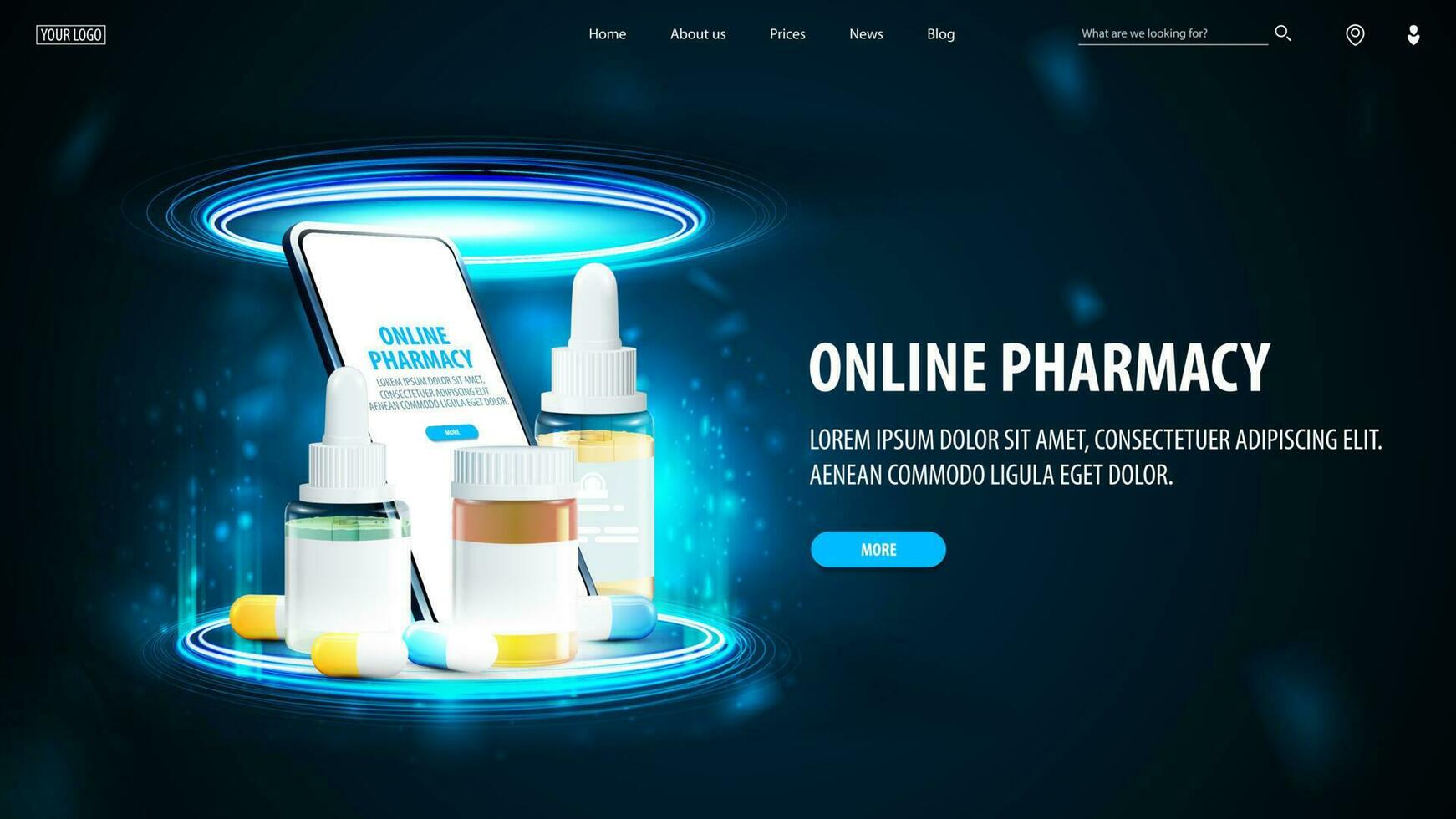 in linea farmacia, blu bandiera con smartphone e medicina elementi dentro blu portale fatto di digitale anelli nel buio vuoto scena vettore