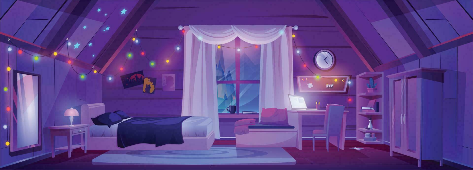cartone animato Attico camera interno a notte vettore