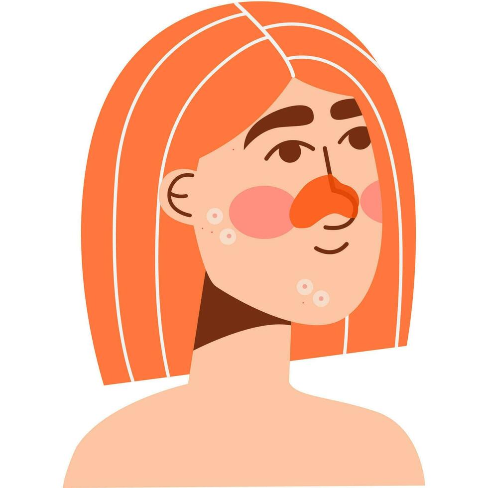 donna con il rosso capelli e acne, naso toppa. quotidiano attività routine. cura della pelle procedura, dermatologia trattamento, cosmetologia Prodotto, chiaro viso, pelle bellezza. vettore