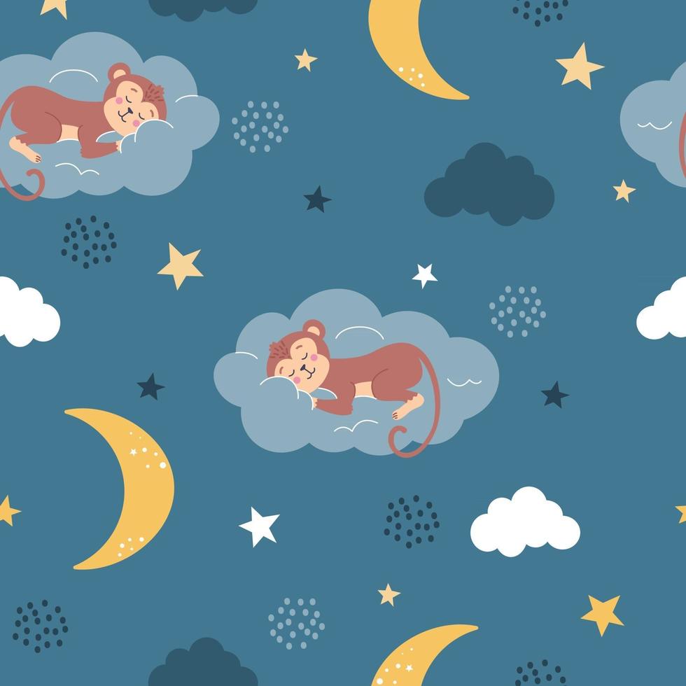 una scimmia carina dorme su una nuvola vicino alla luna e alle stelle vector seamless pattern in uno stile piatto su uno sfondo blu arredamento per poster per bambini cartoline abbigliamento e decorazione d'interni