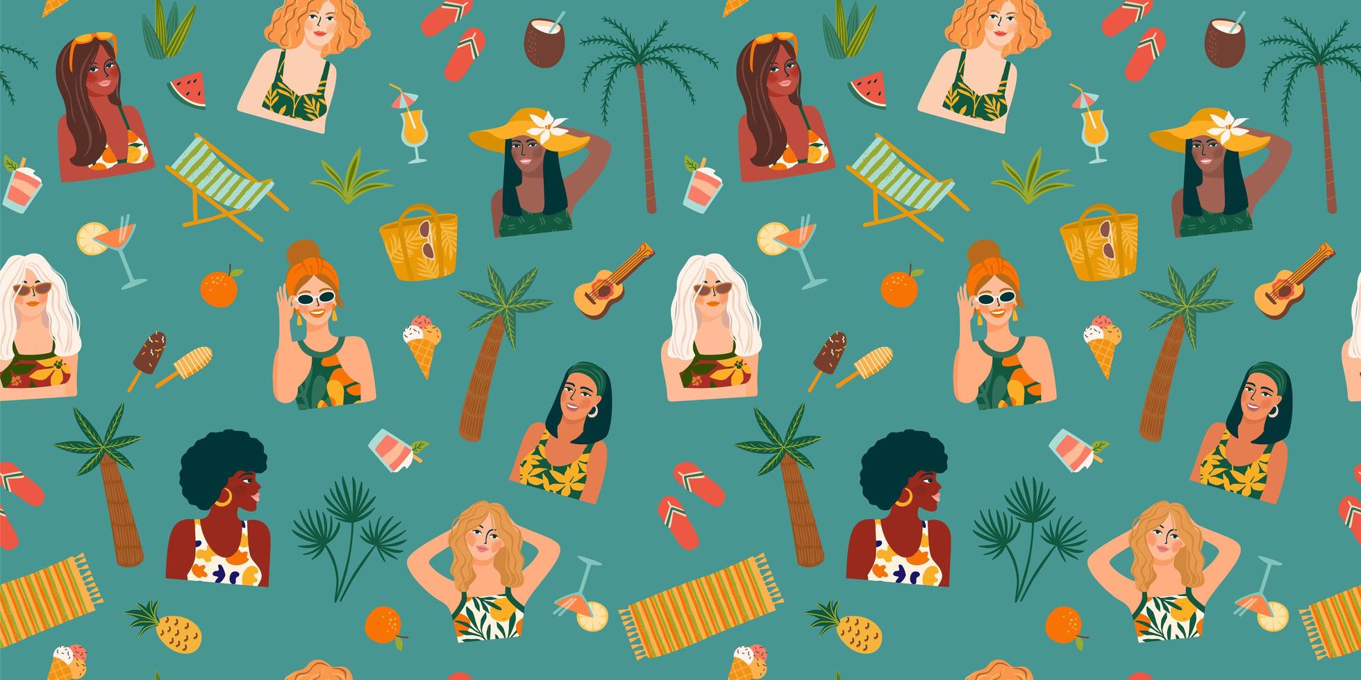 Vector seamless pattern con donne in costume da bagno sulla spiaggia tropicale