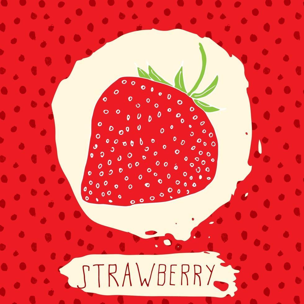 fragola disegnata a mano frutta abbozzata con foglia su sfondo rosso con motivo a puntini doodle vettore fragola per l'identità del marchio etichetta logo