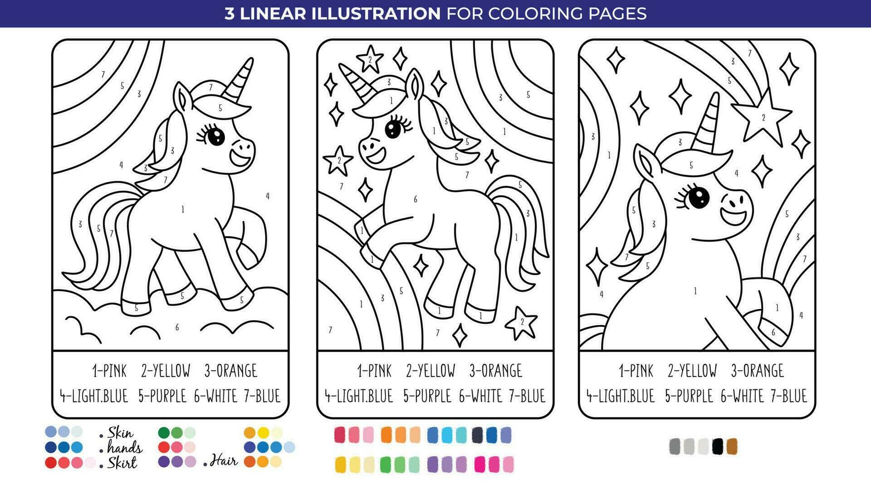 scintillante unicorni di numero colorazione pagine, imparare numeri e colori. stampabile foglio di lavoro. vettore