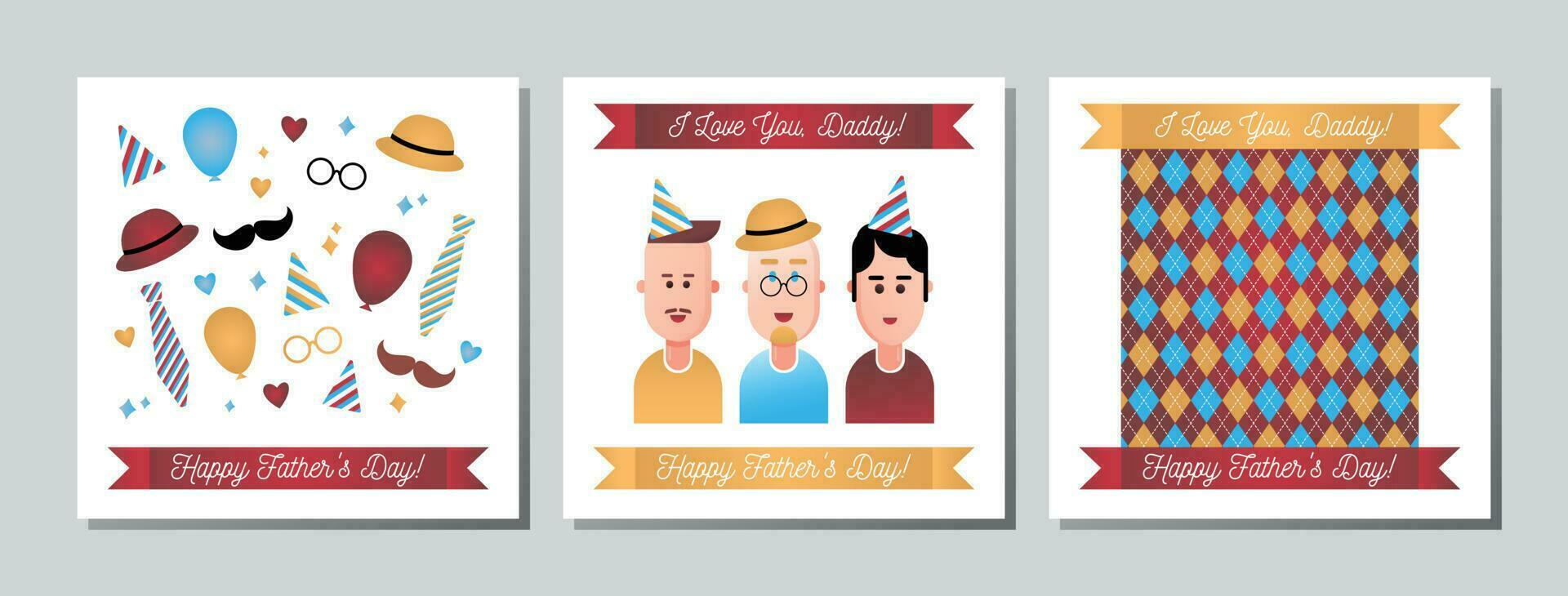 impostato di saluto carta con lettering contento Il padre di giorno e io amore voi. vacanza Il padre di giorno attributi - palloncini, un' festivo berretto, oh, legare, rombo, cappello. il maschio personaggi siamo sorridente vettore