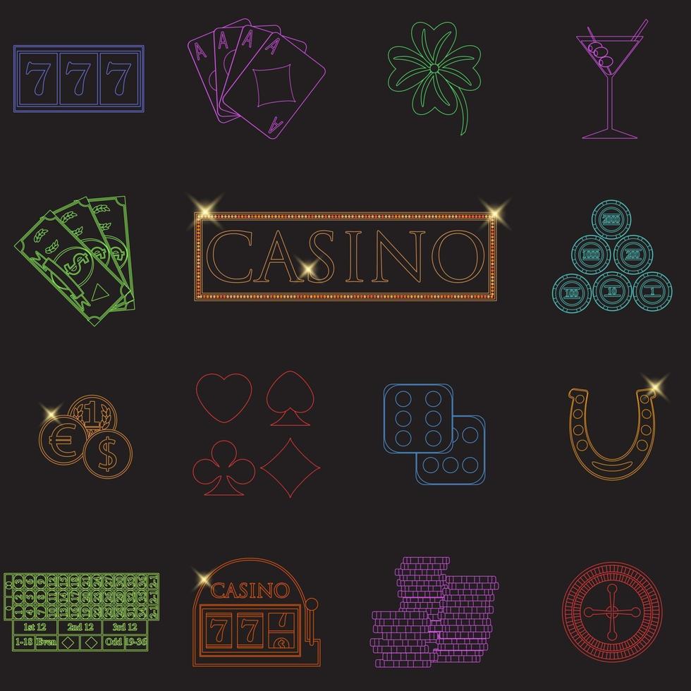 icone di linea di casinò e gioco d'azzardo con slot machine e fiches della roulette carte da poker soldi dadi monete a ferro di cavallo design piatto illustrazione vettoriale