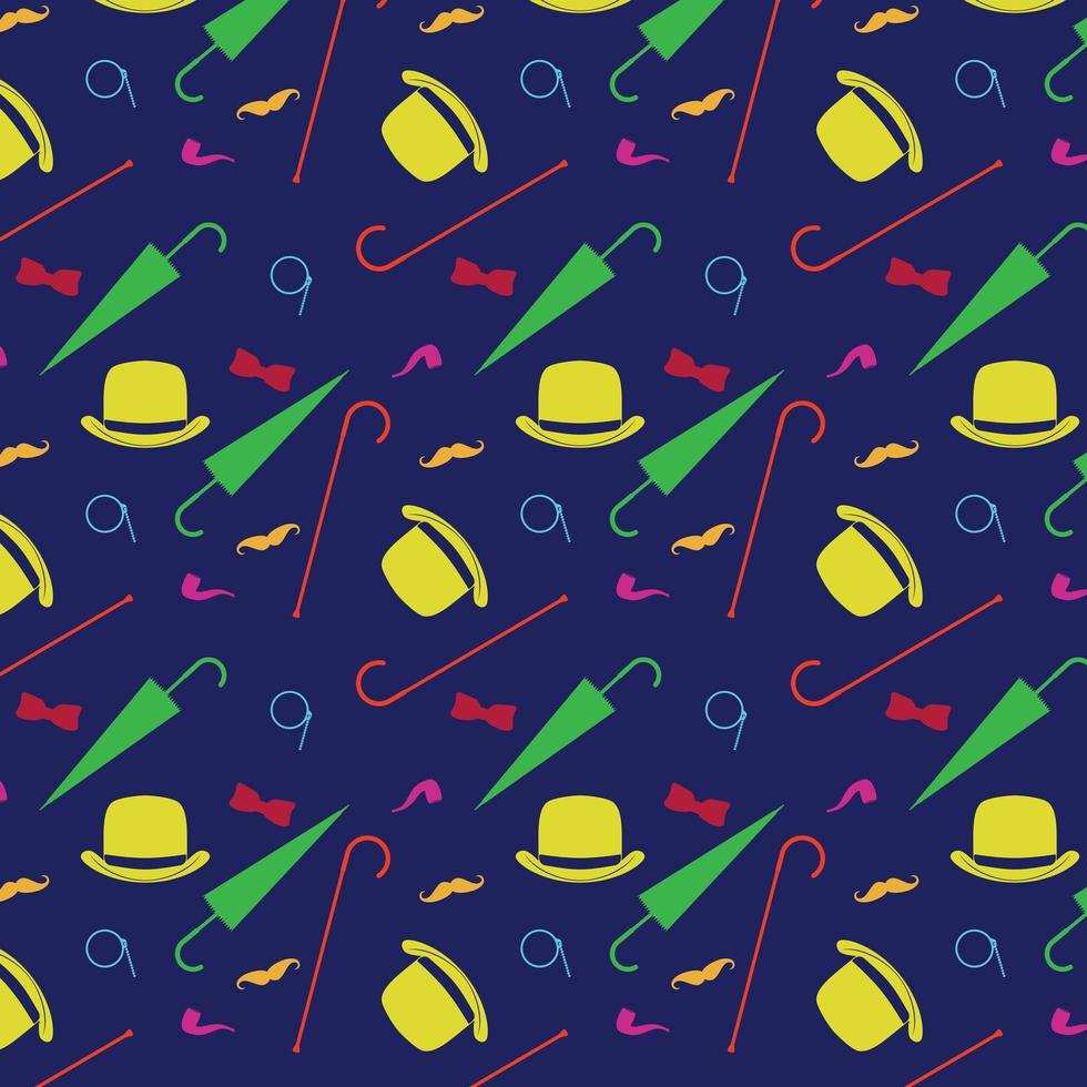 elementi retrò gentiluomo bombetta baffi tabacco da pipa monocolo canna e ombrello seamless pattern vettore