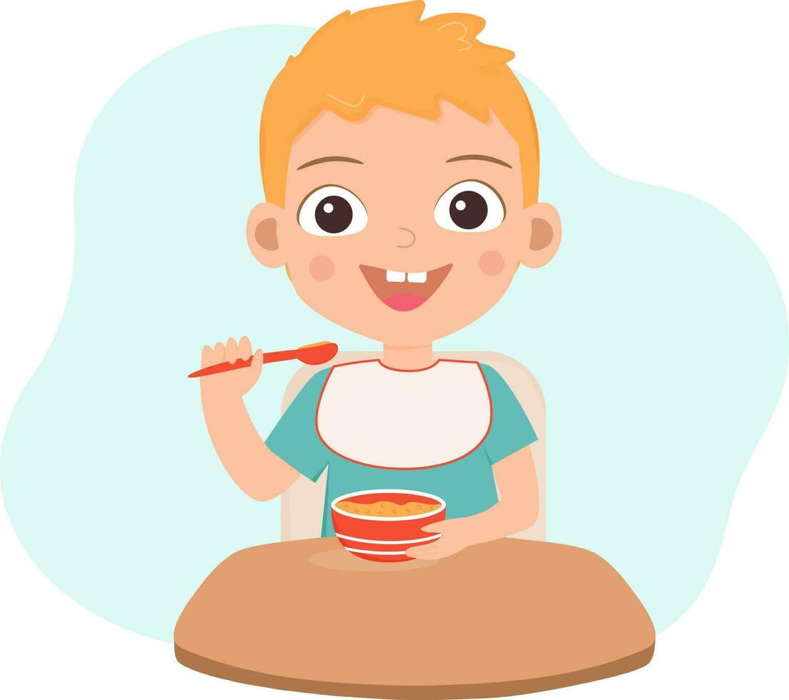 bambino ragazzo ha un' pasto. cartone animato carattere. sorridente poco ragazzo qith un' piatto di porridge e cucchiaio. bambino cibo. piatto vettore illustrazione.