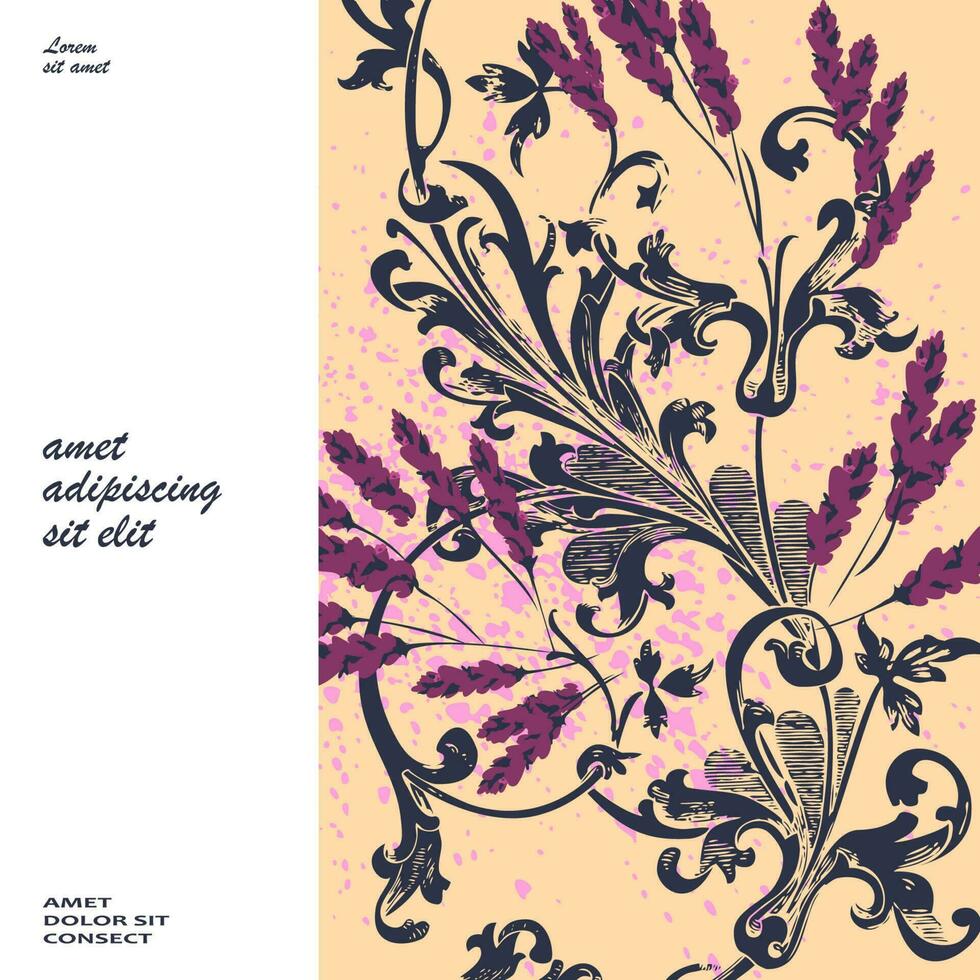 mano disegnato lavanda fiori su beige, astratto floreale modello copertina design. fiorire verdura rami, di moda artistico sfondo. grafico vettore illustrazione nozze, manifesto, saluto carta, rivista