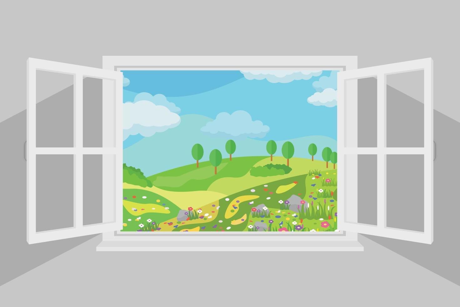 finestra aperta con un bellissimo paesaggio estivo vettore