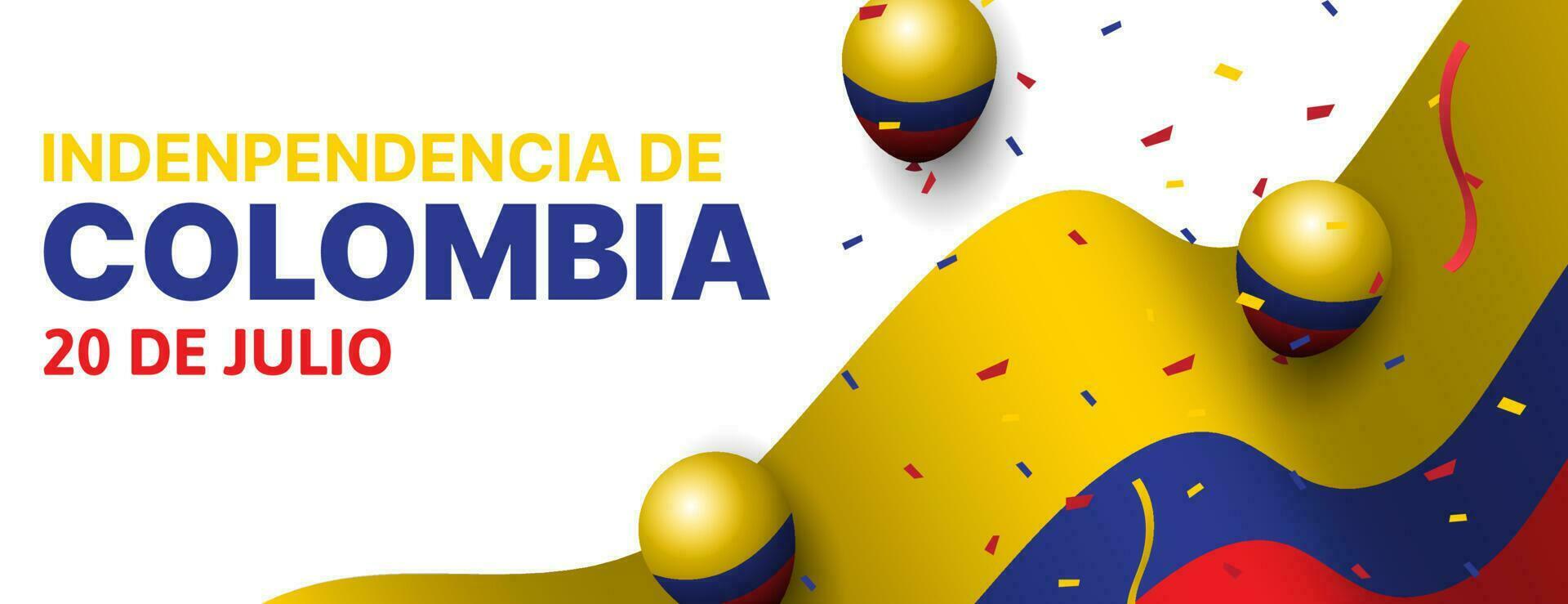Colombia indipendenza giorno bandiera sfondo con bandiera, palloncini e coriandoli vettore