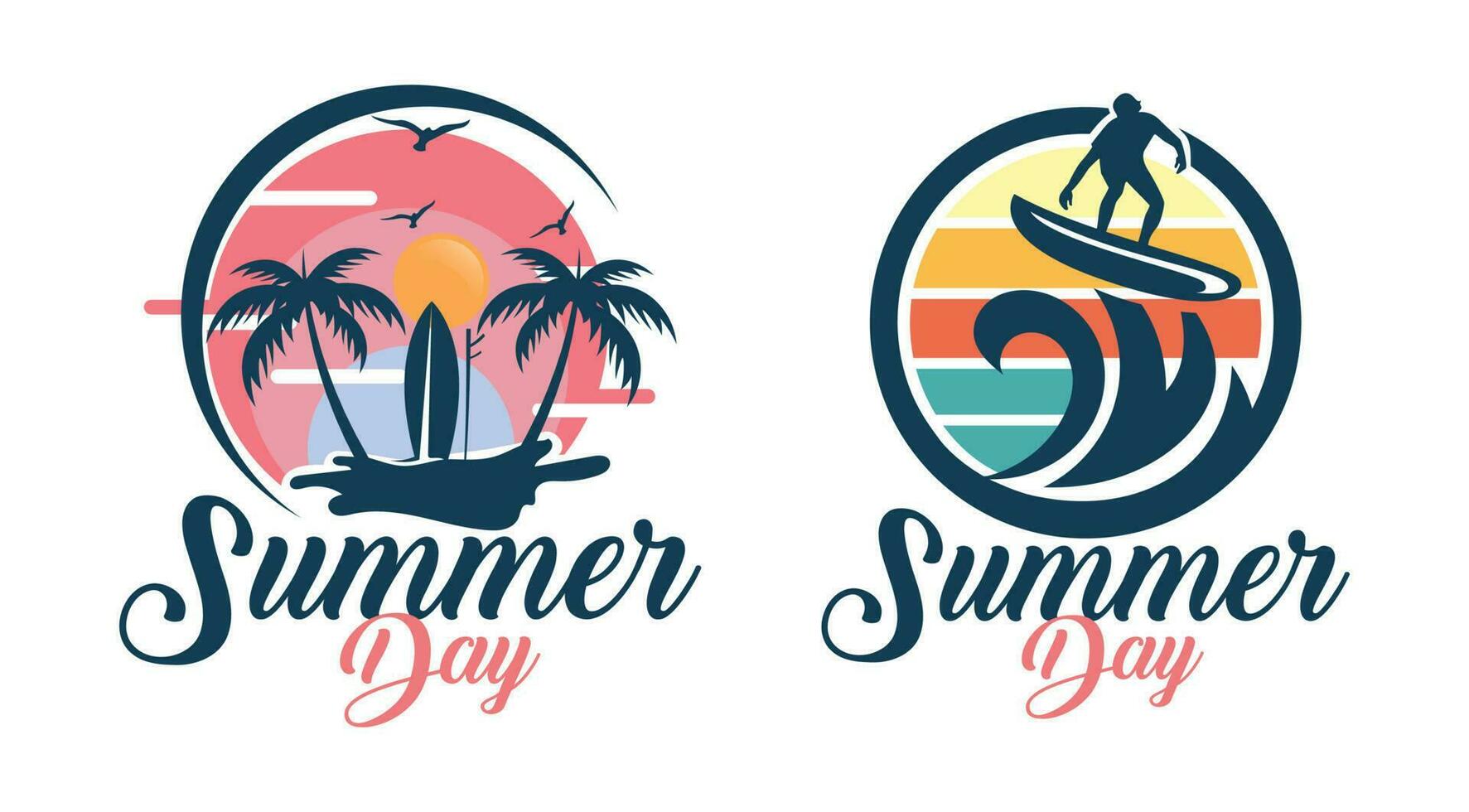 estate e fare surf logo design. retrò fare surf logo modello vettore