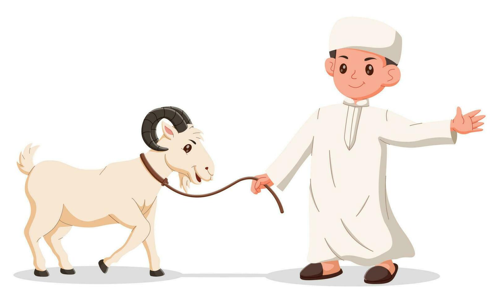 carino musulmano ragazzo con capra cartone animato. mano disegnato eid al-Adha ragazzo e capra illustrazione, eid al adha mubarak carattere. vettore illustrazione