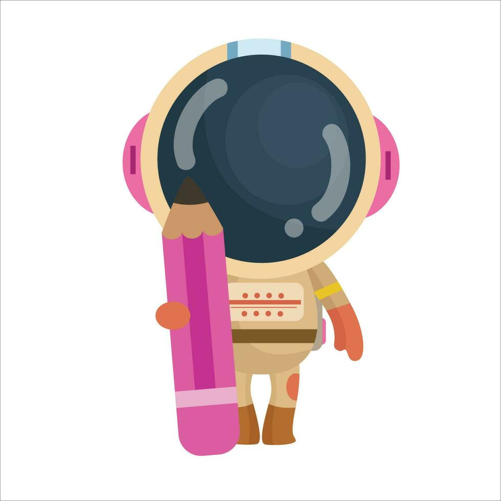 vettore cartone animato carino e divertente astronauta in piedi dritto con un' viola matita nel mano
