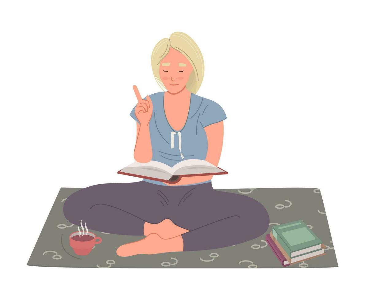 giovane donna con biondo capelli seduta su il tappeto e lettura un' libro. formazione scolastica passatempo concetto. vettore illustrazione isolato su bianca sfondo.