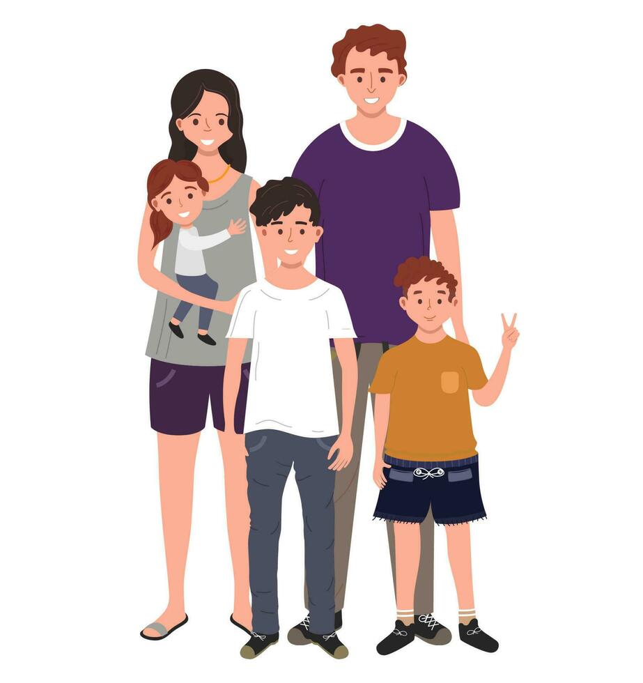 contento famiglia. padre, madre, Due figli maschi e figlia. vettore illustrazione
