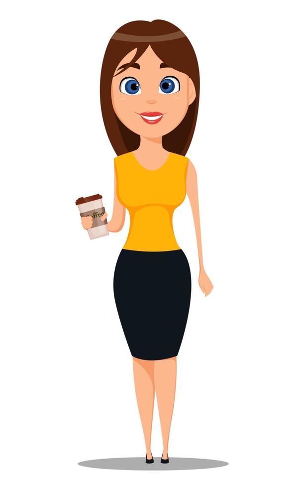 giovane imprenditrice attraente in abiti casual intelligenti in piedi con il caffè durante la pausa caffè vettore