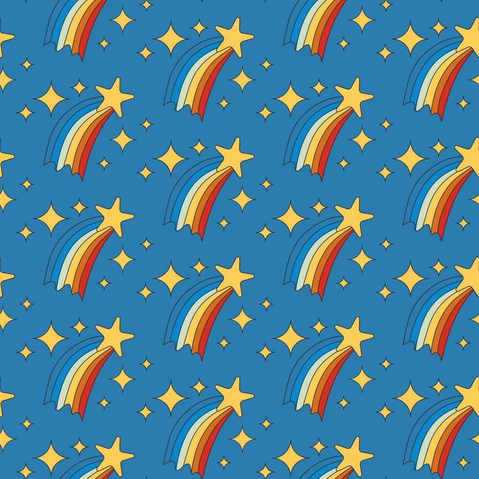 infantile cartone animato retrò senza soluzione di continuità modello con stelle e arcobaleno su blu sfondo. unico bambini vettore design. ideale per bambini tessile, sfondo, avvolgere, sfondo, interno arredamento.