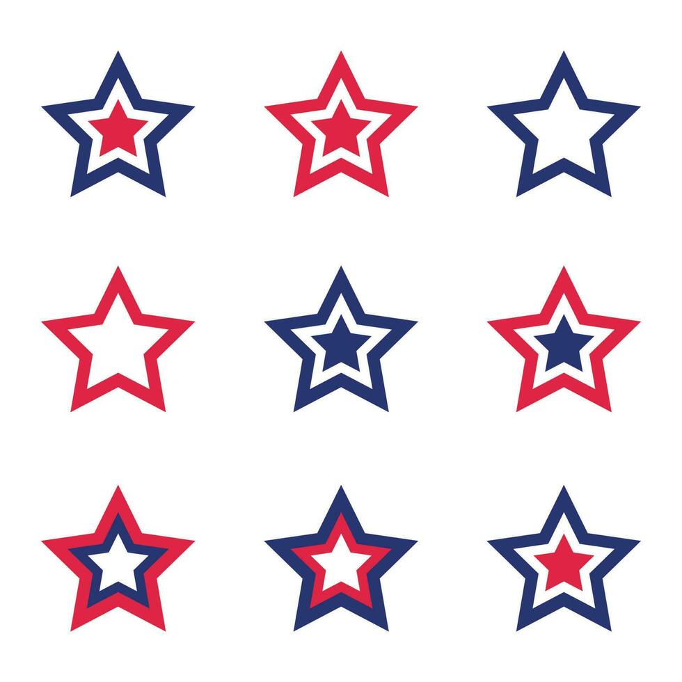 collezione di patriottico stelle nel rosso, blu, e bianca colori per americano design. isolato su bianca sfondo. vettore