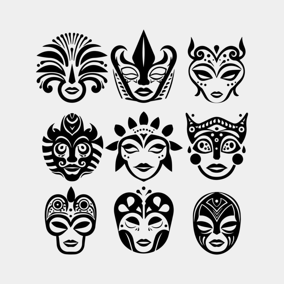 impostato di africano tribale maschere. collezione di diverso indiano, azteco maschera su bianca sfondo vettore