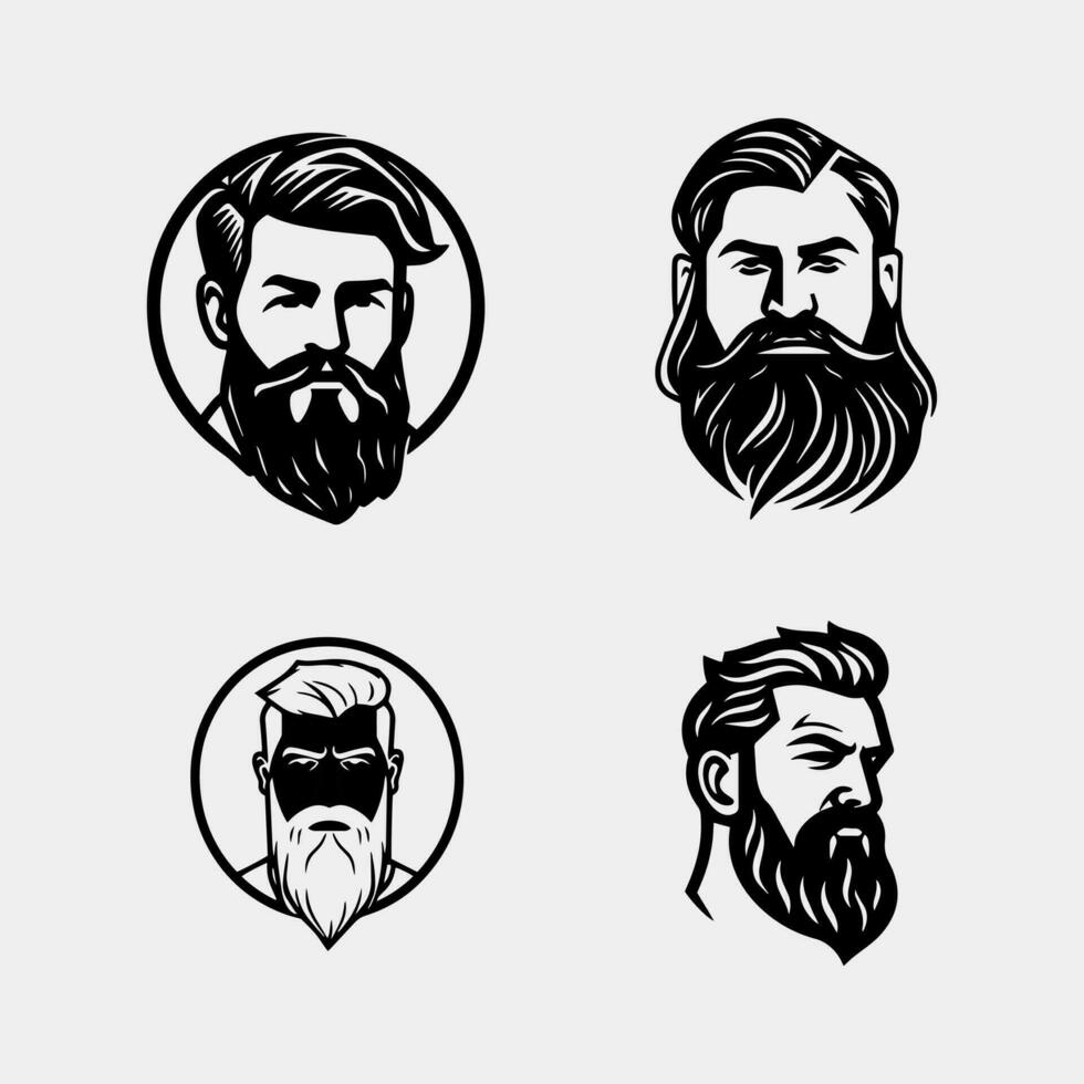 impostato di vettore barbuto uomini facce hipsters con diverso tagli di capelli, baffi, barbe. Perfetto per sagome, avatar, teste, emblemi, icone, etichette.