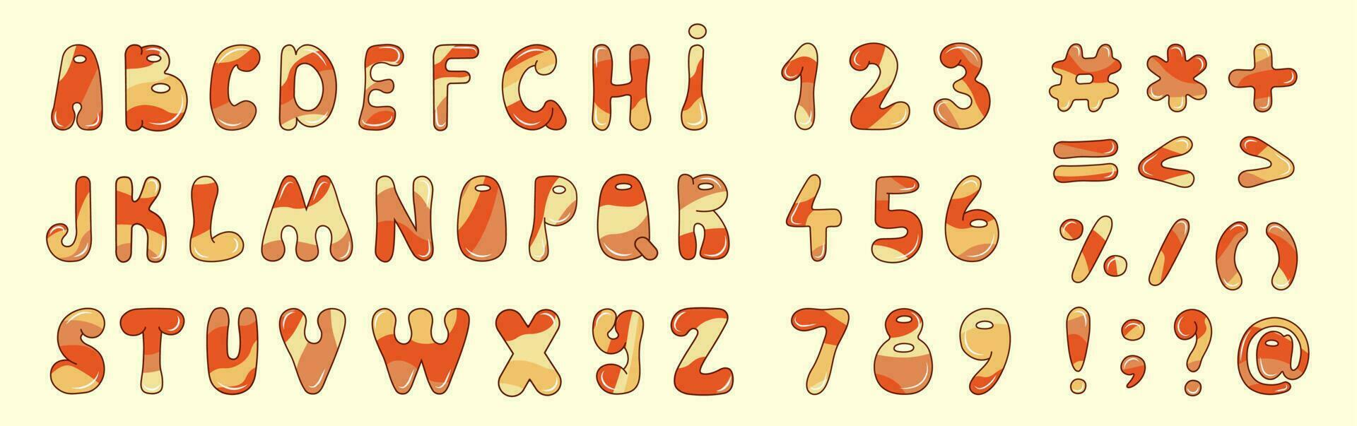 cartone animato alfabeto, numeri, e simboli. impostato di Groovy lettere. vettore. vettore