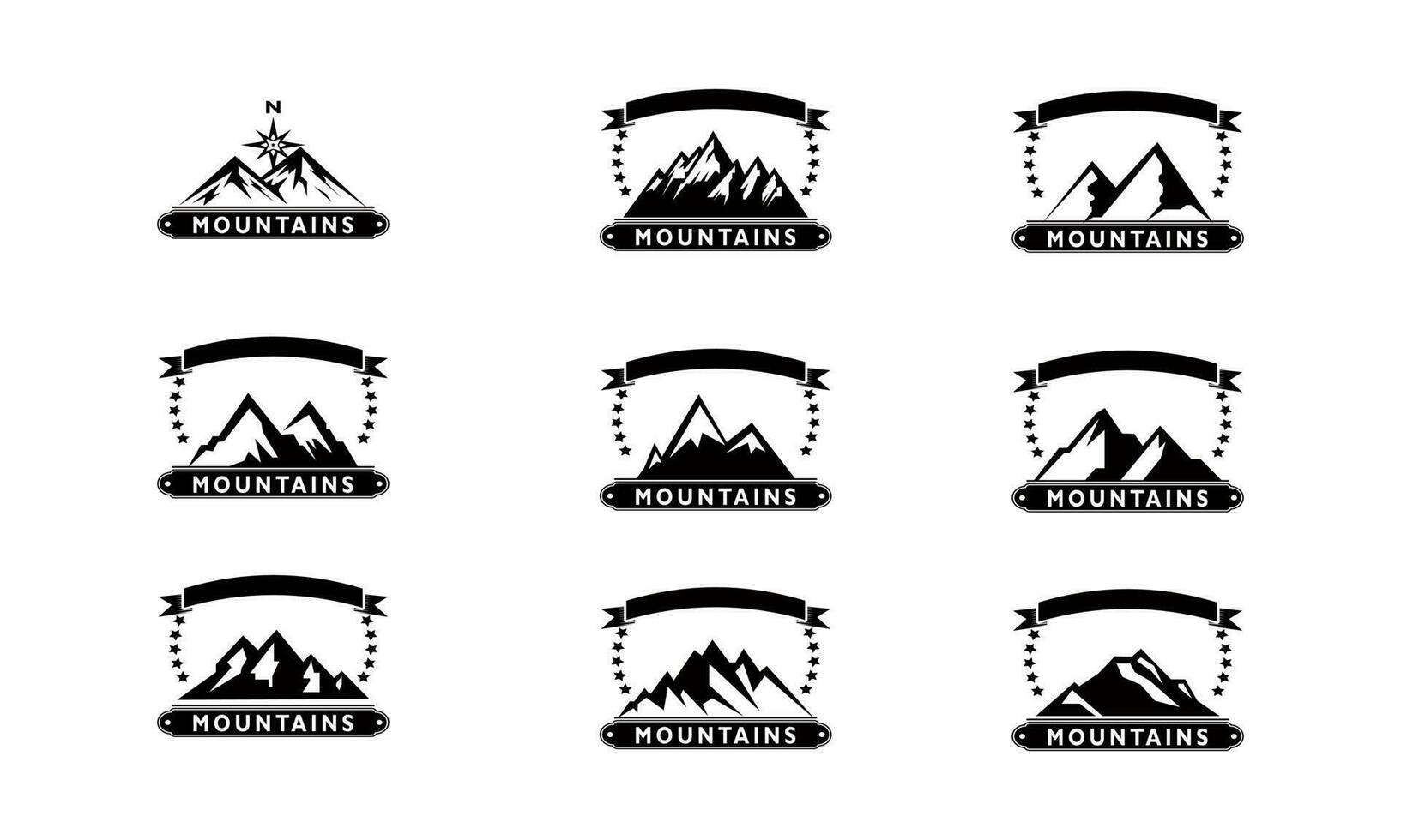 montagna logo, montagna spedizione e roccia arrampicata vettore icone