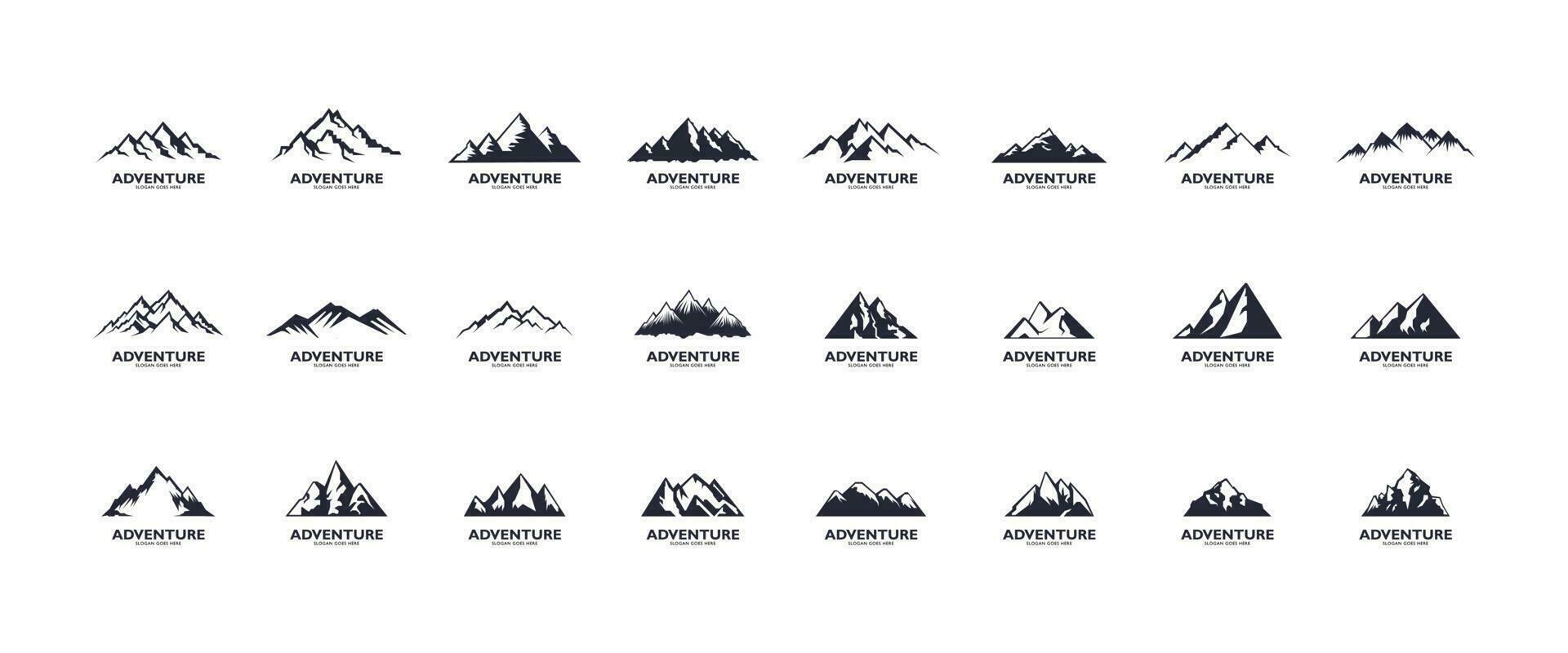 montagna logo, montagna spedizione e roccia arrampicata vettore icone.