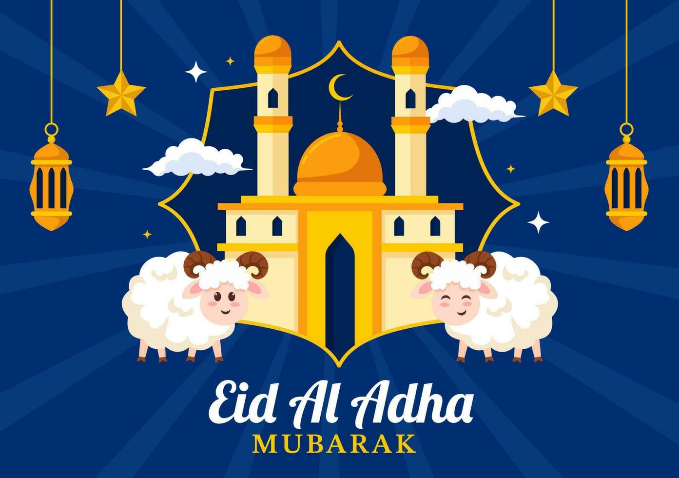 contento eid al adha mubarak vettore illustrazione di I musulmani celebrazione con sacrificale animali capra e mucca nel piatto cartone animato mano disegnato modelli
