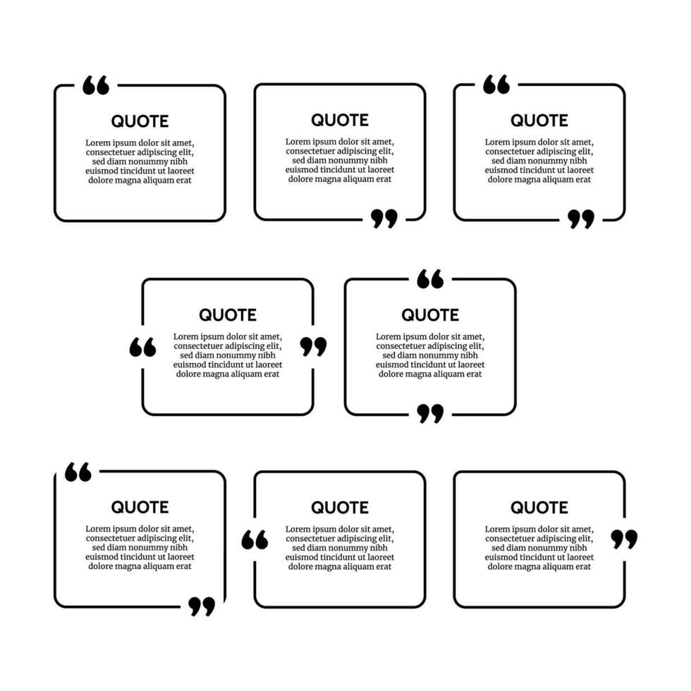 impostato di otto nero arrotondato rettangolare citazione scatola montatura isolato su bianca sfondo. vettore illustrazione