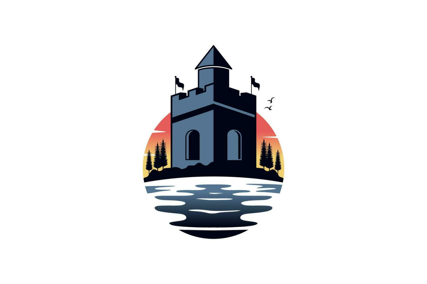 castello logo design con tramonto e oceano sfondo vettore