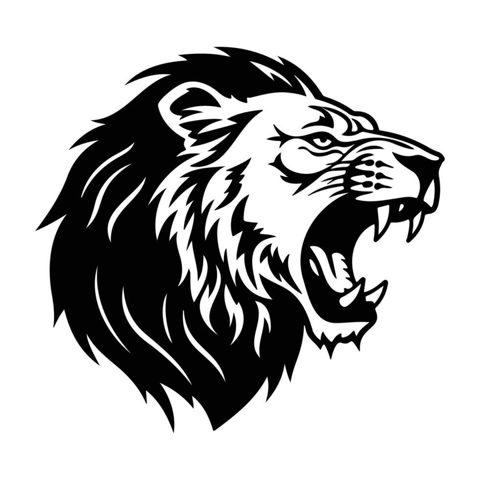 feroce Leone, arrabbiato Leone viso lato, Leone portafortuna logo, Leone nero e bianca animale simbolo design. vettore