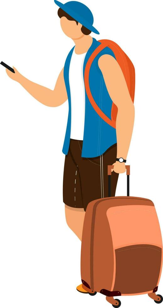 illustrazione di ragazzo Tenere viaggio Borsa con Guardando smartphone. vettore