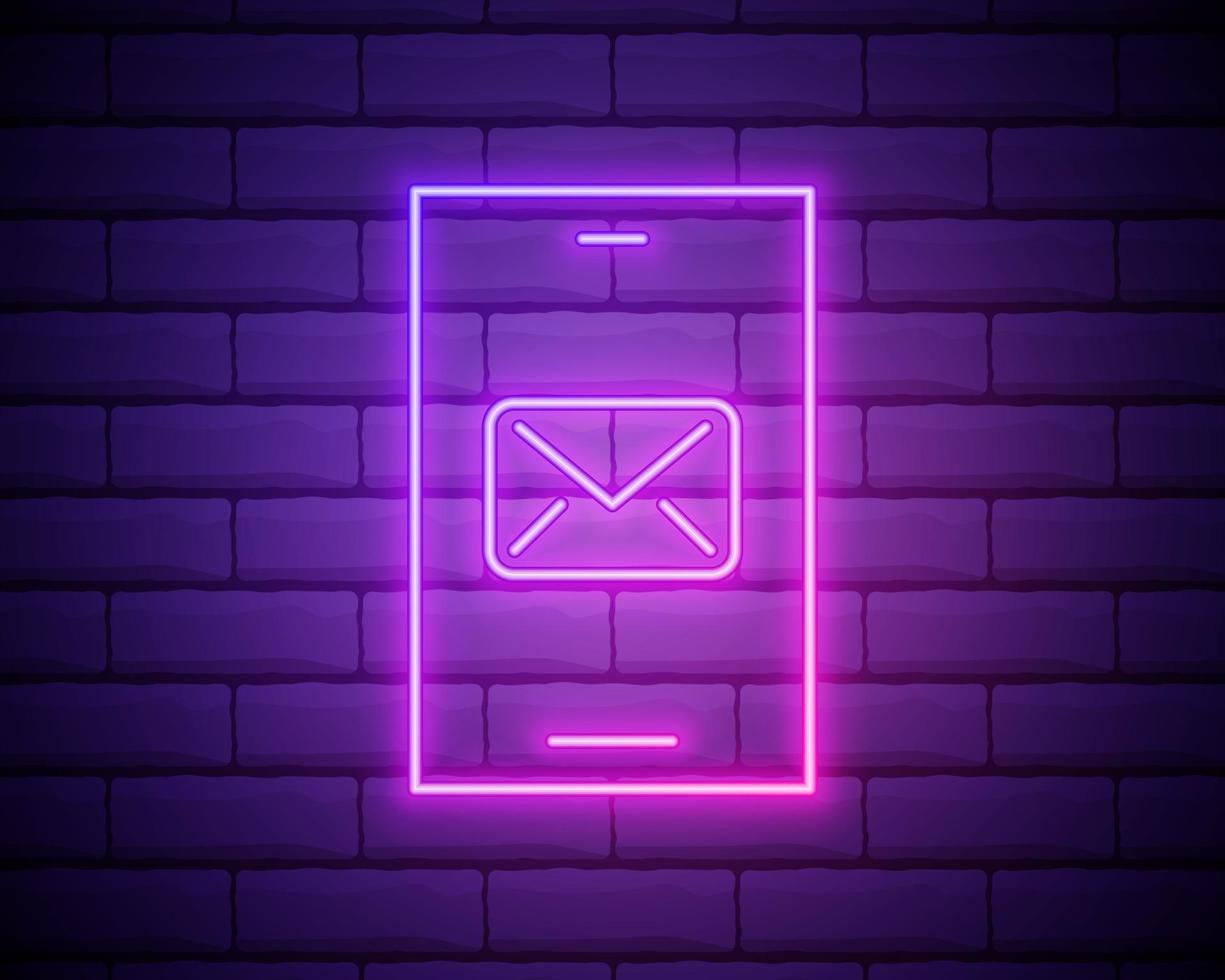 neon incandescente nuovi messaggi di chat notifica sull'icona del telefono isolato su sfondo scuro muro di mattoni smartphone in chat messaggi sms fumetti illustrazione vettoriale