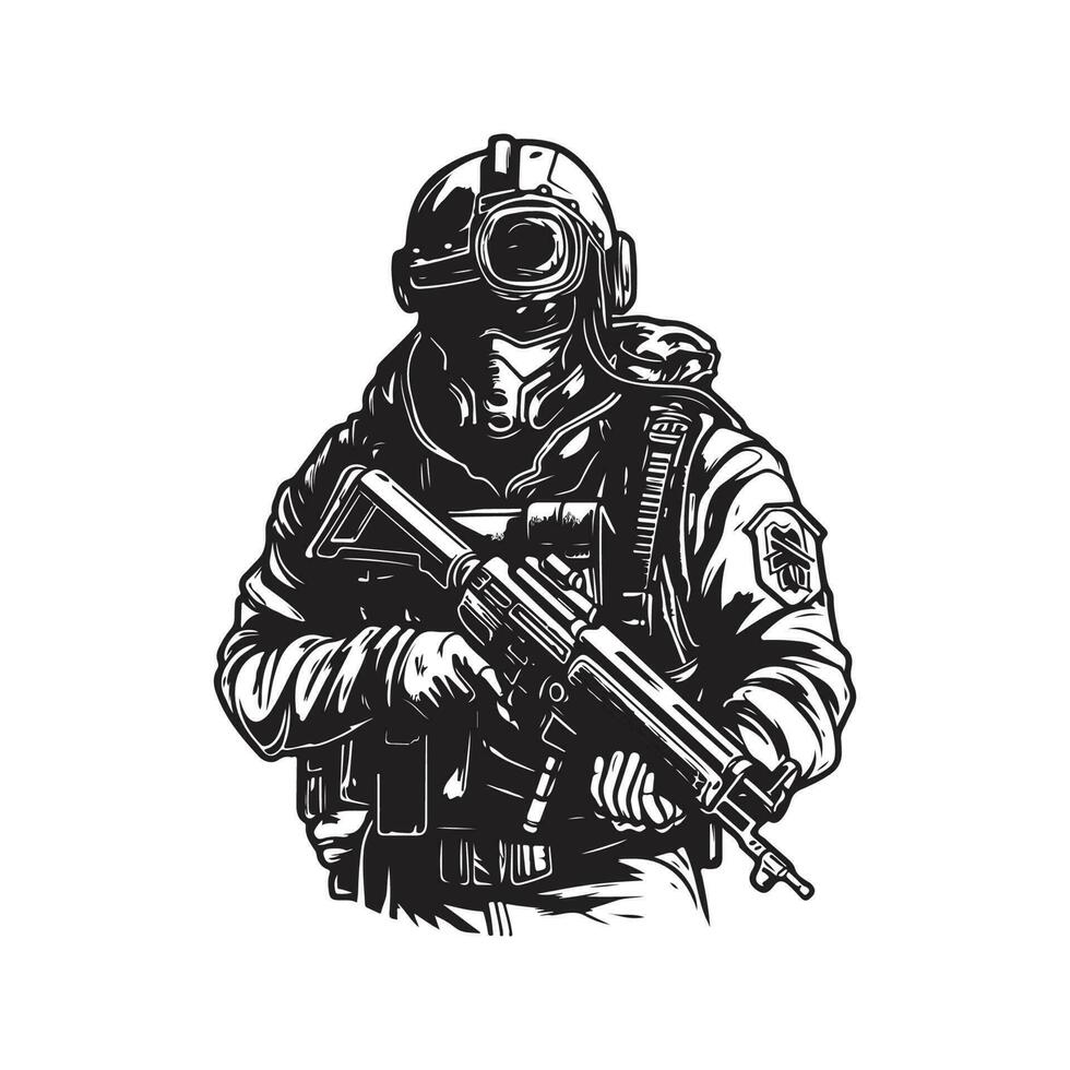 cyberpunk soldato città pattuglia, Vintage ▾ logo linea arte concetto nero e bianca colore, mano disegnato illustrazione vettore