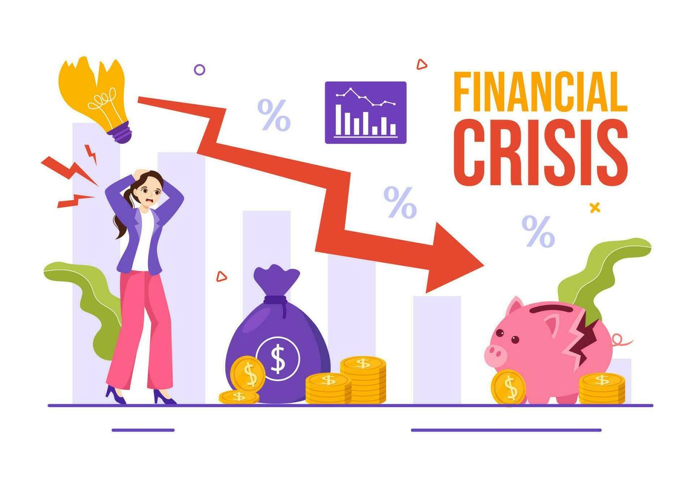 finanziario crisi vettore illustrazione con fallimento, crollo di il economia e costo riduzione nel piatto cartone animato mano disegnato atterraggio pagina modelli