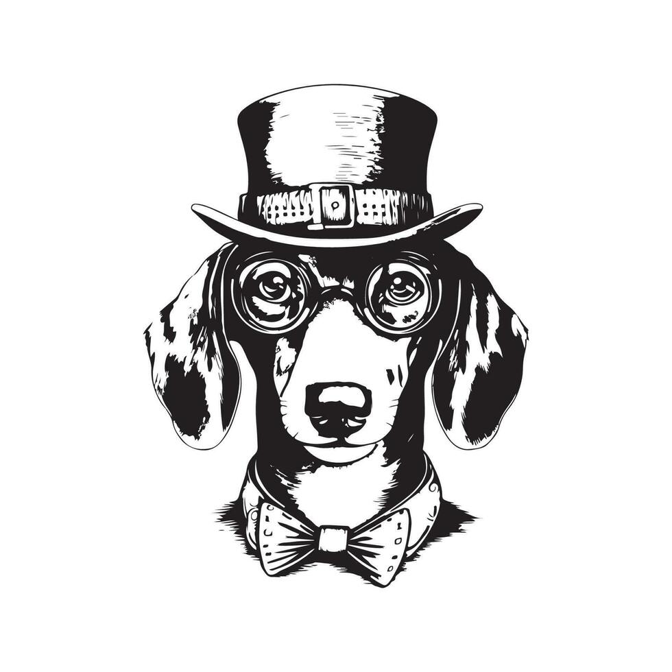 cane bassotto indossare bicchieri e superiore cappello, Vintage ▾ logo linea arte concetto nero e bianca colore, mano disegnato illustrazione vettore