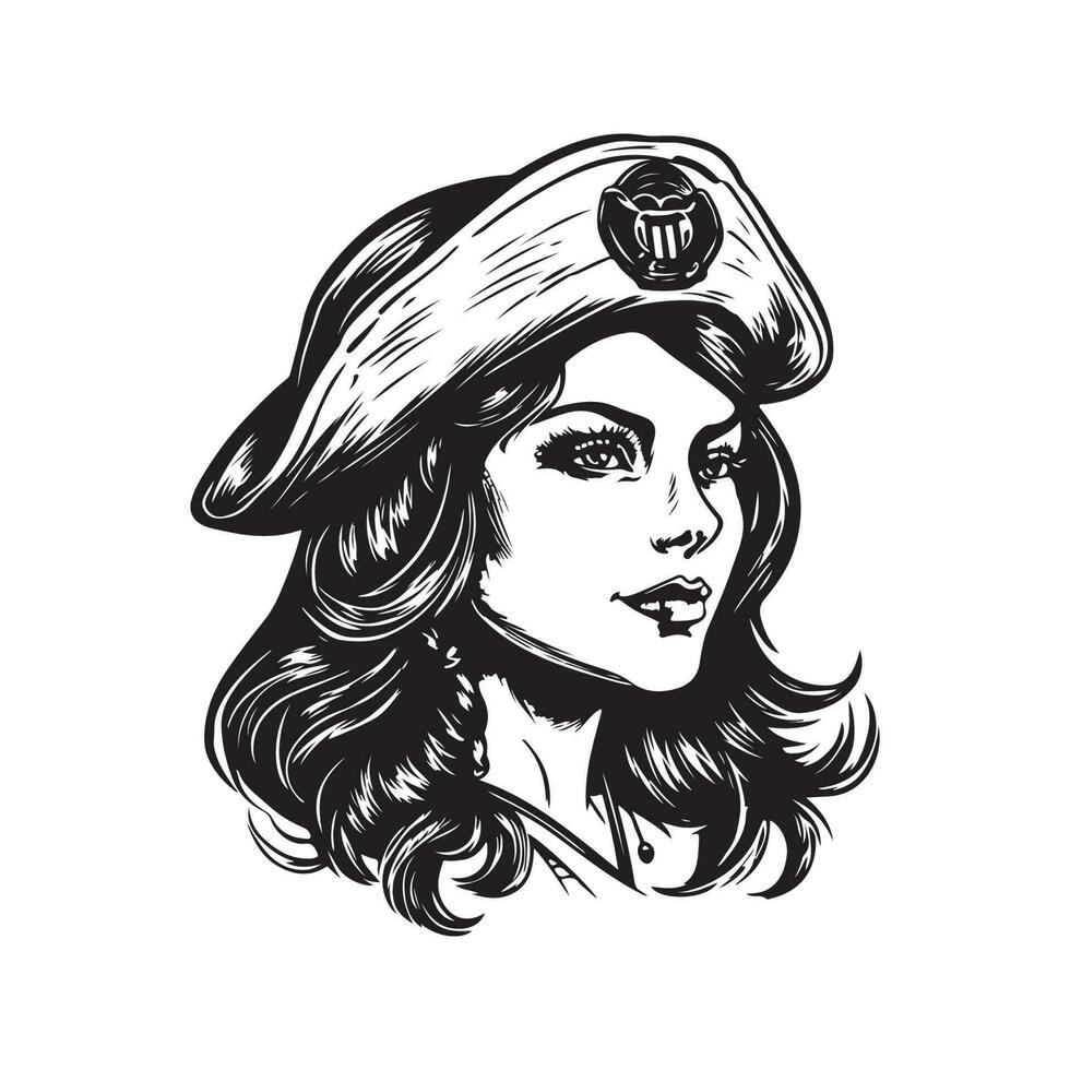 femmina pirata, Vintage ▾ logo linea arte concetto nero e bianca colore, mano disegnato illustrazione vettore