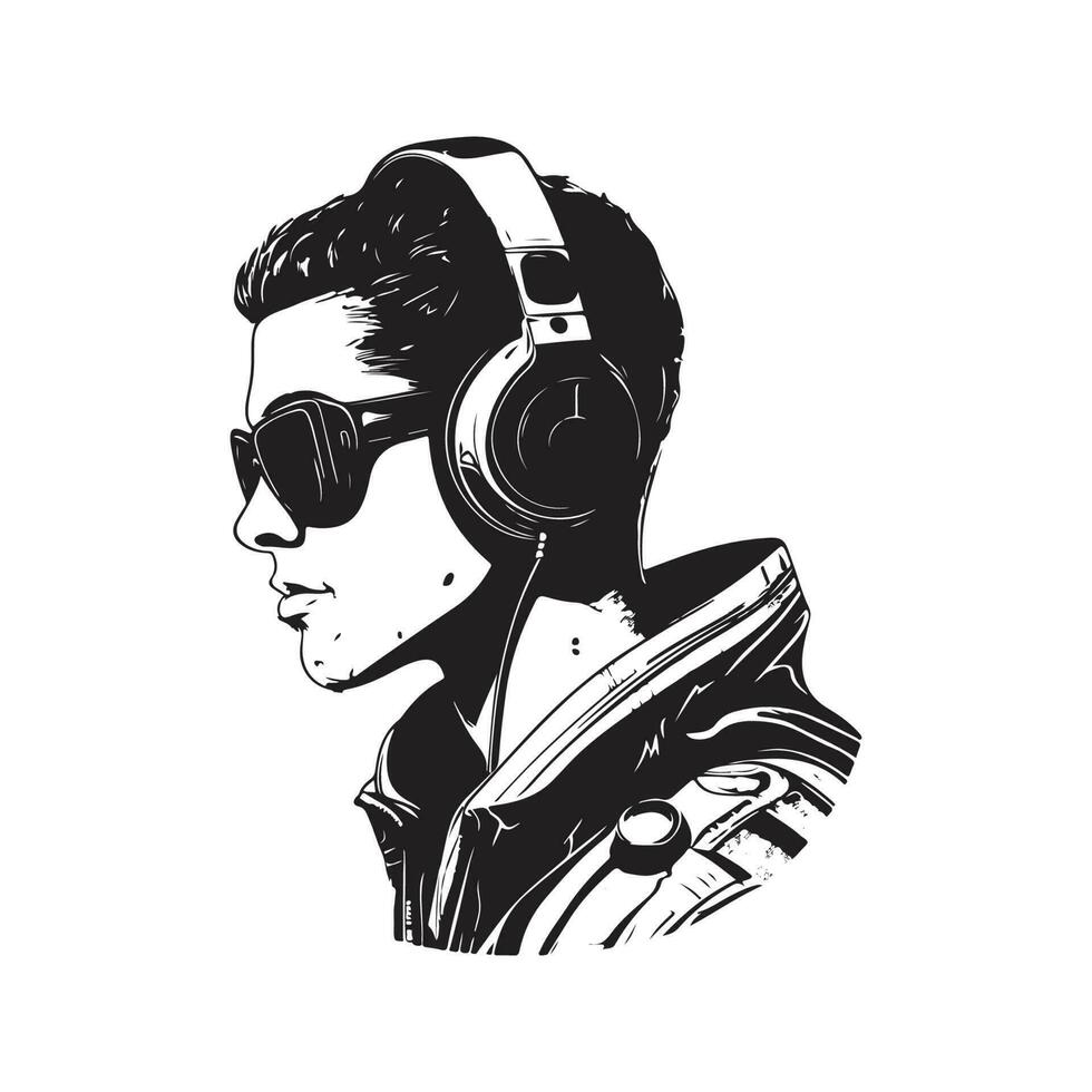 uomo indossare cyberpunk cuffia, Vintage ▾ logo linea arte concetto nero e bianca colore, mano disegnato illustrazione vettore
